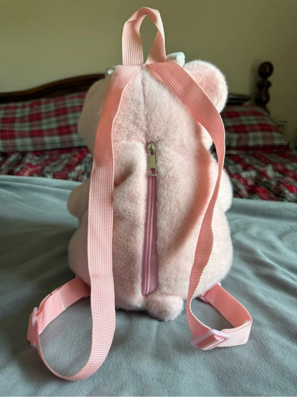 Pastel Pink Plush Teddy Bear Mini Backpack | Kawaii Iridescent Bow & Heart Pads